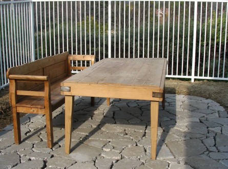 Recycled Concrete Patio and antique wood dining table sealed for outdoor use