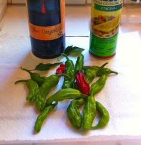 Fresh picked shishito peppers, spray oil and sea salt