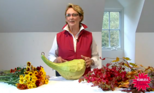 Annie_of_Fearless_Flowers creates a Thanksgiving table centerpiece using gourds and flowers