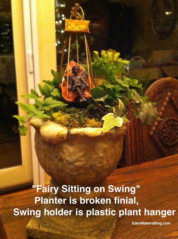 Broken-finial-upcycled as miniature-garden-planter-for fairy sitting on a -swing