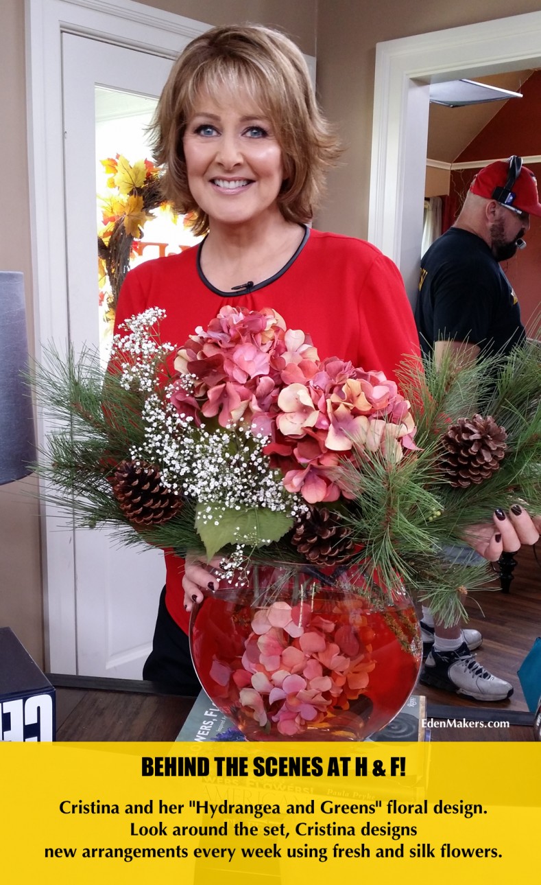 cristina-ferrare-floral-arrangement-hydrangeas at Home and Family show set.