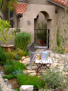 Front yard garden with garden bench and mediterranean plants by shirley bovshow